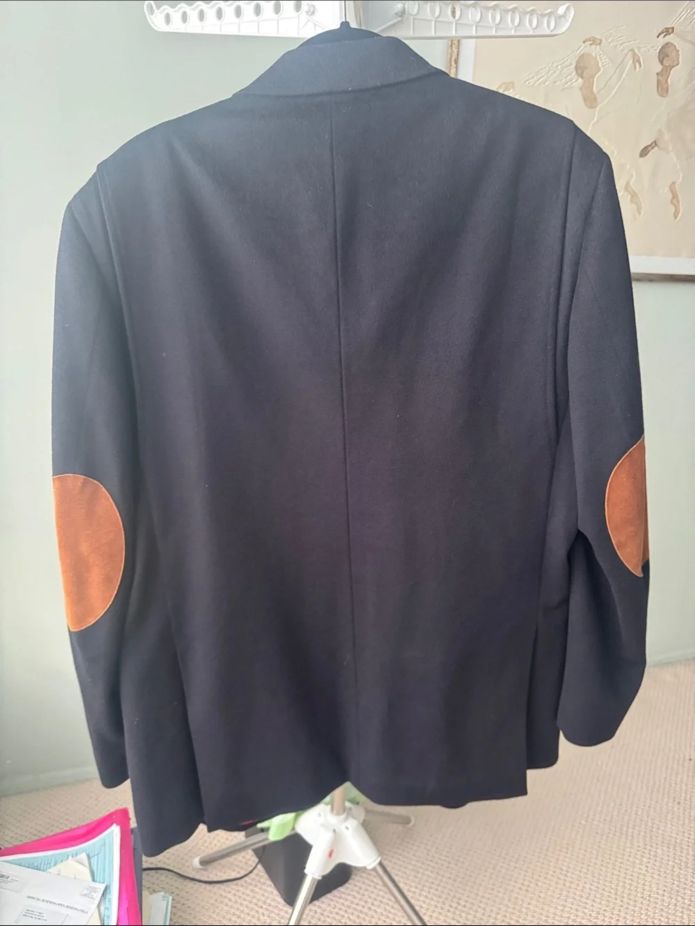 Faconnable Men's Black Blazer with Brown Elbow Patches